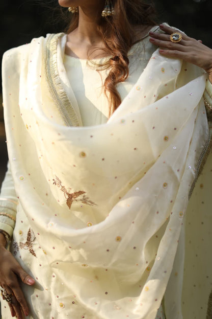 Powder yellow multicolored sequines suit with garara and kiran organza dupatta