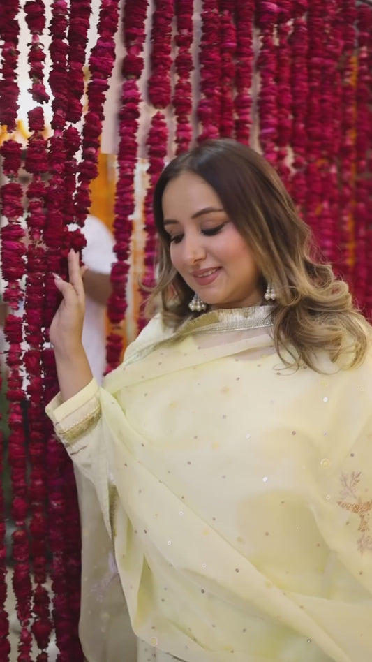 Powder yellow multicolored sequines suit with garara and kiran organza dupatta