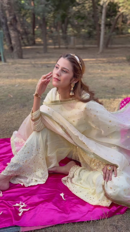 Powder yellow multicolored sequines suit with garara and kiran organza dupatta