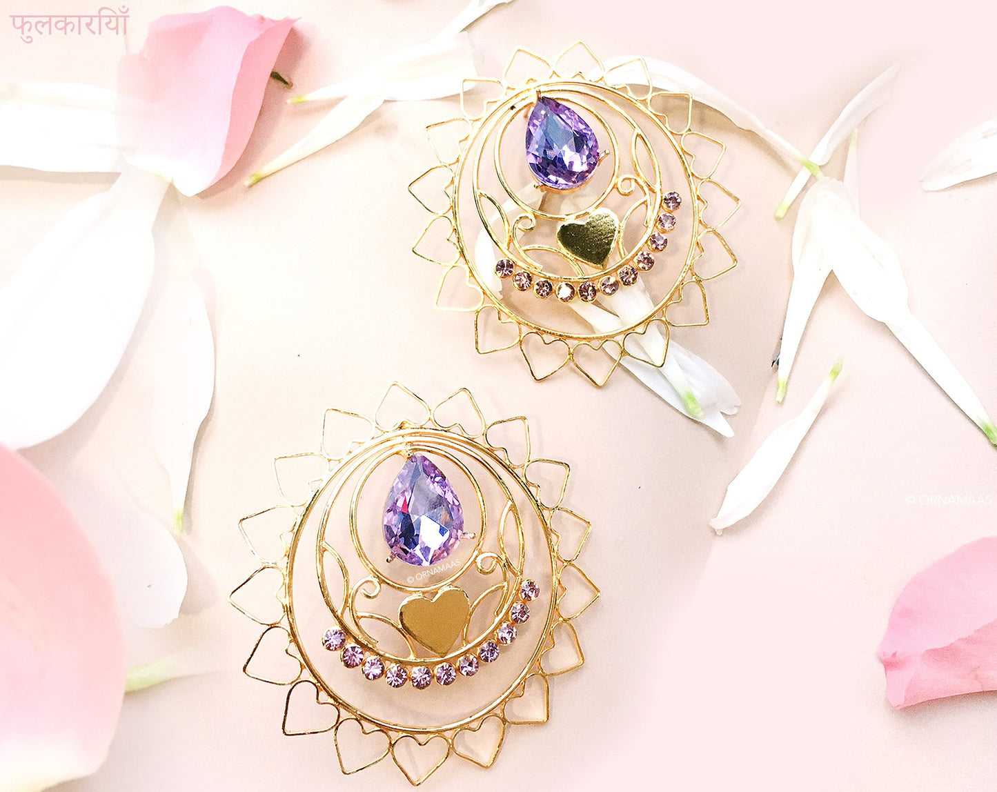 GOLDPLATED HEART RADIAL LAVENDER PHULKARIYAAN EARRINGS