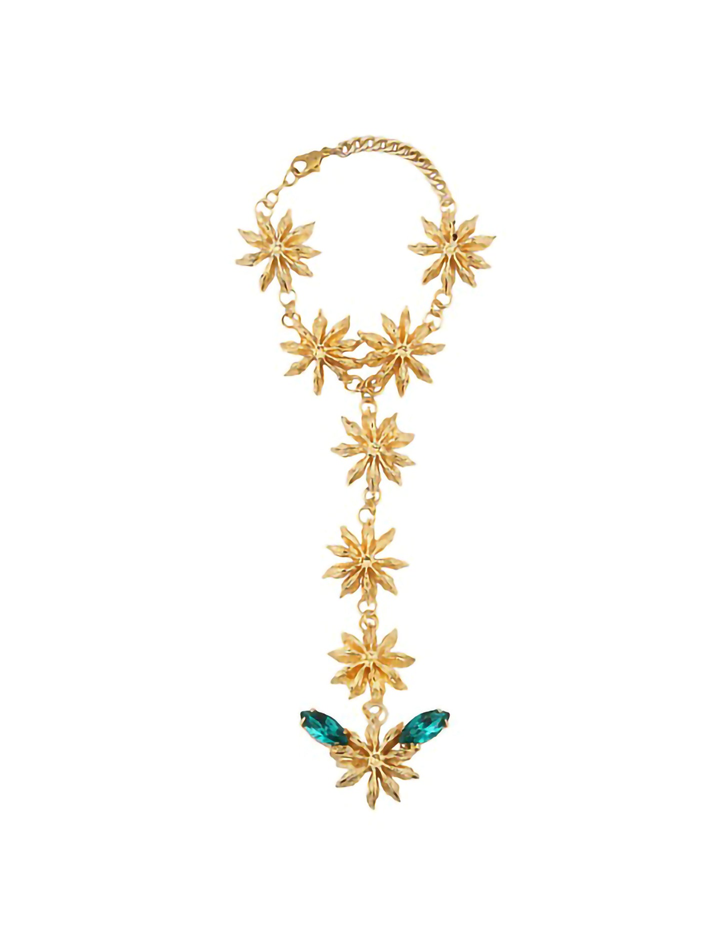 Gold Plated Floral Motifs Handharness With Green Stones