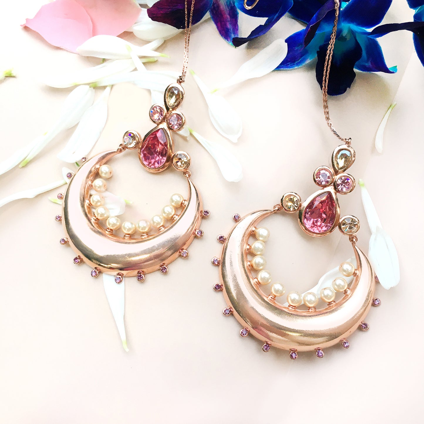 ROSE GOLD PLATED PINK CRESENT  PHULKARIYAAN EARRING