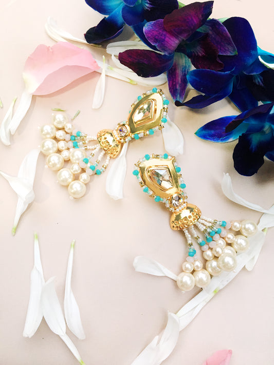 GOLD PLATED AQUAMARINE OPAL JHAAL PHULKARIYAAN EARRINGS