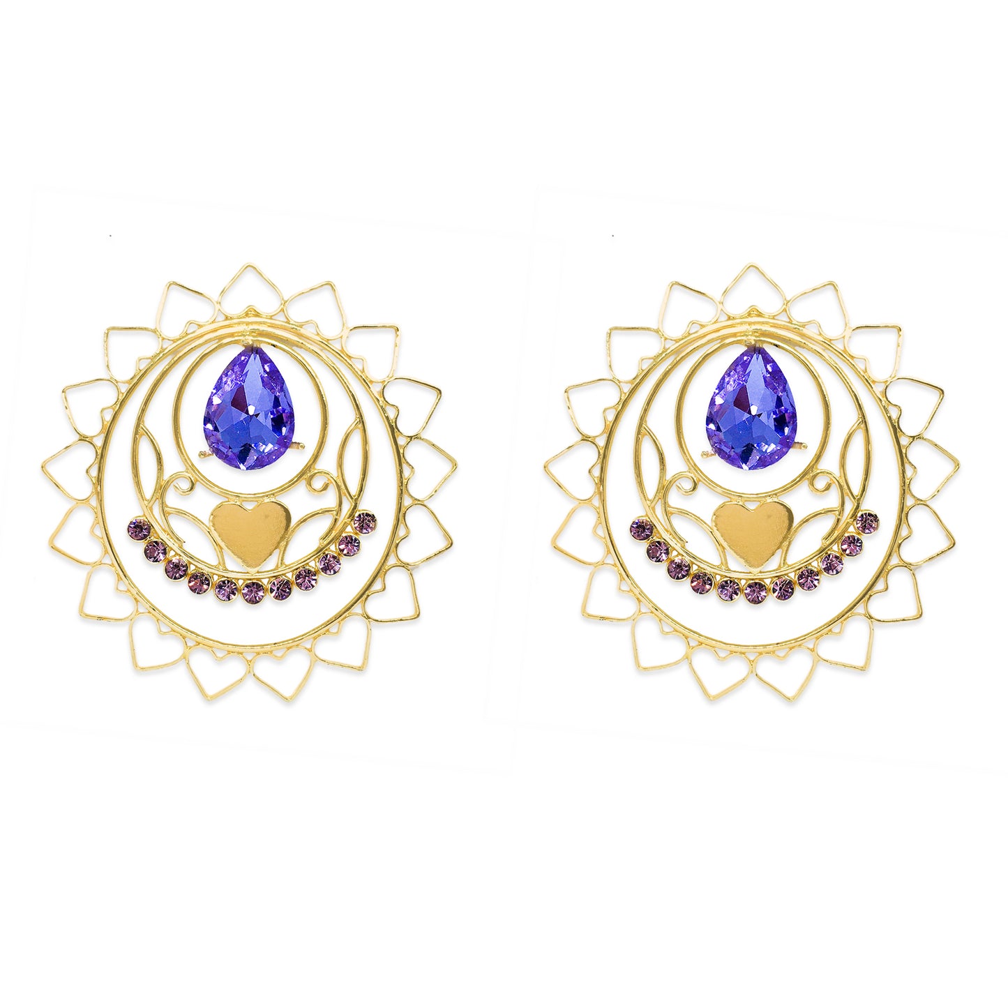 GOLDPLATED HEART RADIAL LAVENDER PHULKARIYAAN EARRINGS