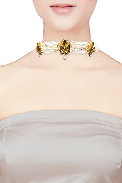 GOLD PLATED TOPAZ FLOWER PEARL PHULKARIYAAN  STRING CHOKER