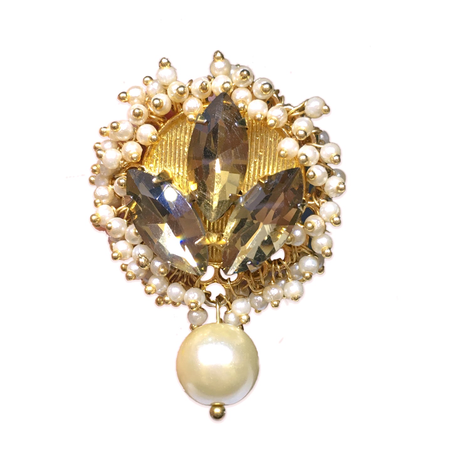 GOLD PLATED TOPAZ PHULKARIYAAN PEARL DROP RING