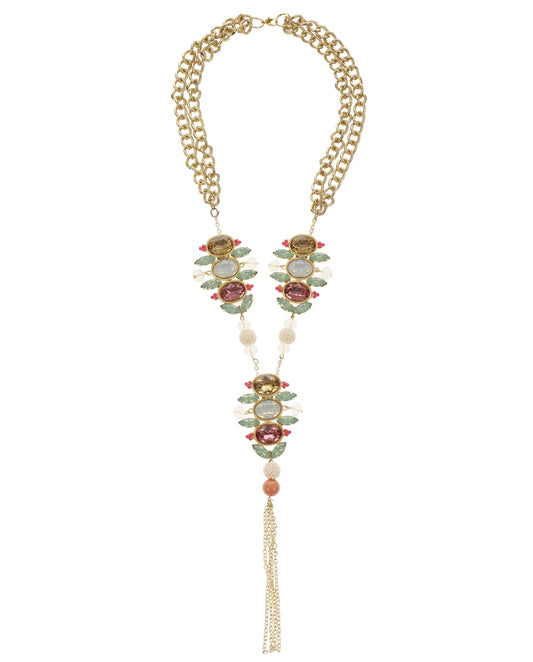 Gold-plated Multi-Coloured Stone Stack Tassel Neckpiece