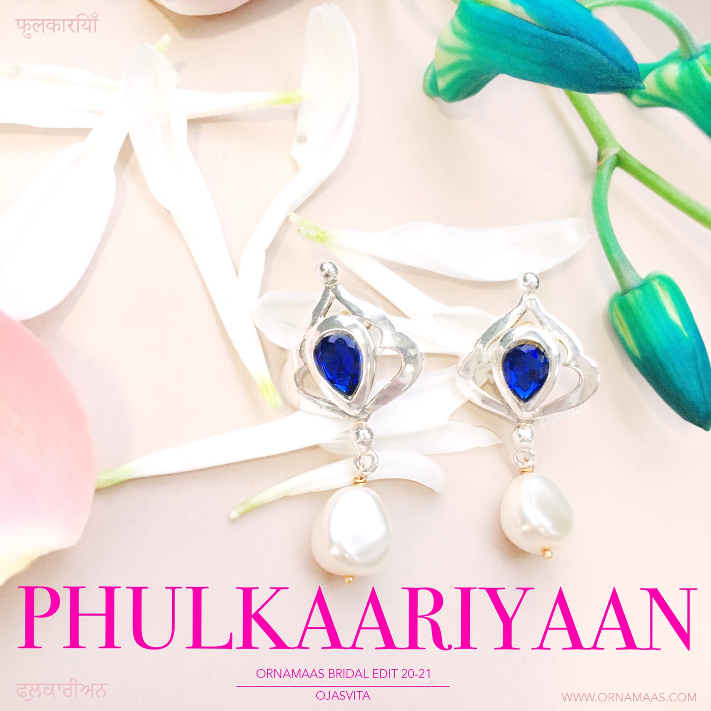 PERSIAN BLUE SILVER PLATED MUGHAL MUKKUT  PHULKARIYAAN EARRING